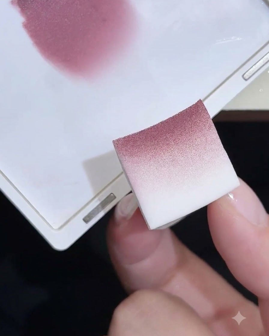 A foam sponge showing a soft pink gradient powder and gel texture after being worked on a palette.