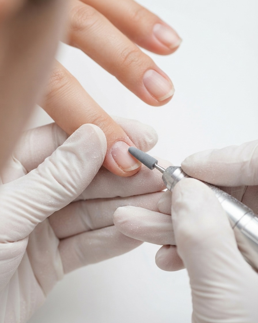 An e-file sanding band carefully filing around the cuticle zone of a fingernail.