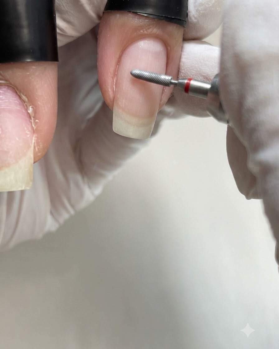 A thin flame diamond drill bit lifting the cuticle on the left side of the nail.