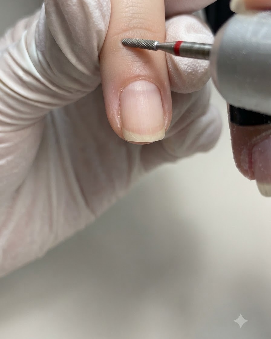 A gloved hand holding an e-file with a small flame diamond bit, carefully cleaning the cuticle pocket on the right side of a bare natural fingernail.