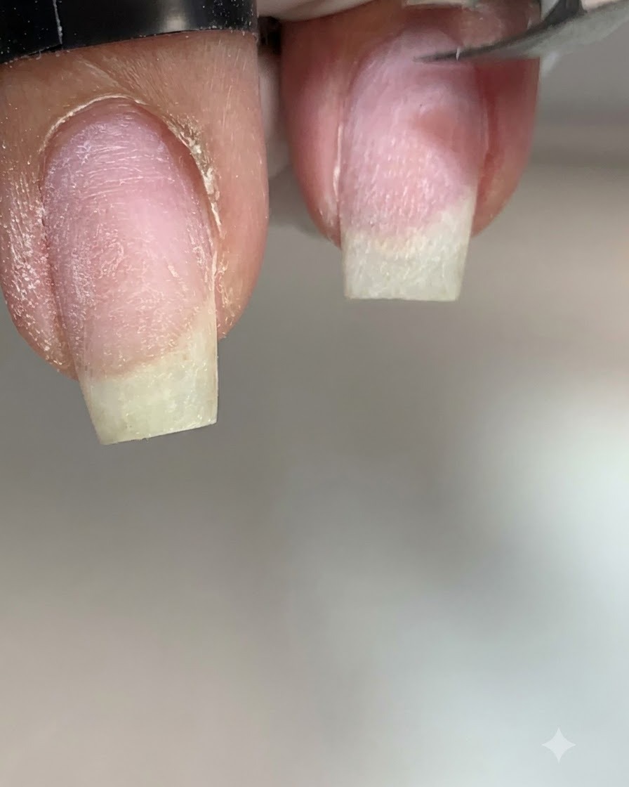 An extreme close-up of metal cuticle nippers precisely trimming dry, lifted skin along the left sidewall of a bare fingernail.