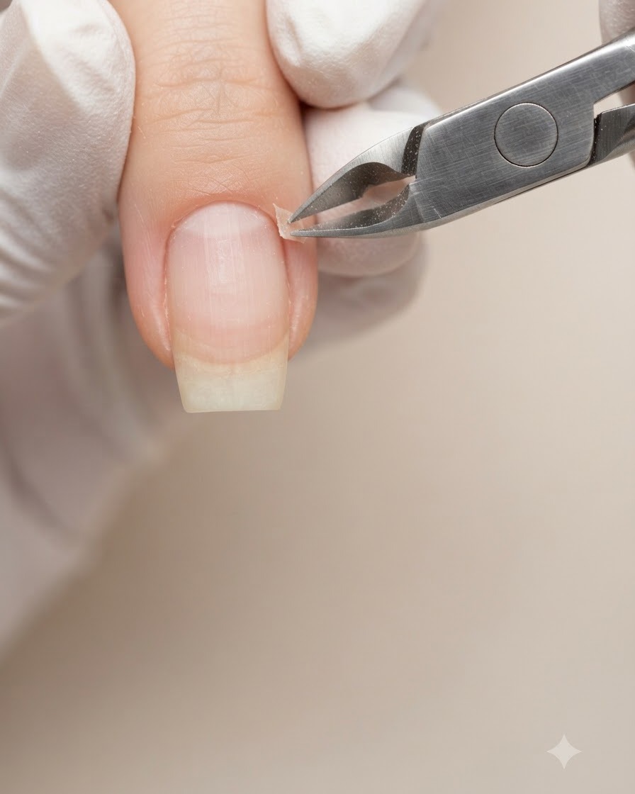 Metal cuticle nippers trimming the dead skin band along the top arch of the nail.