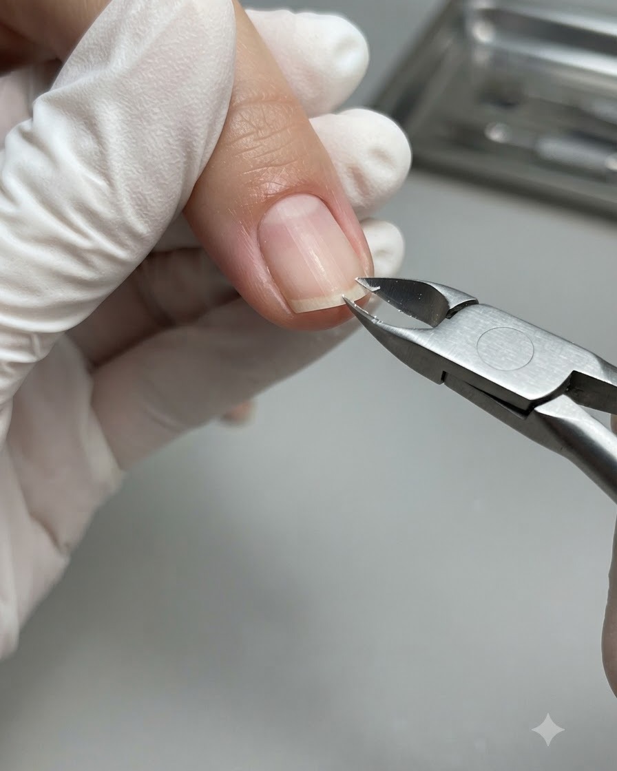 A gloved hand using sharp metal cuticle nippers to carefully trim the dry, white dead skin along the right side of the cuticle line on a natural fingernail.