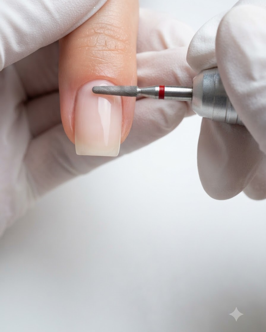 A close-up of an e-file with a small micro diamond bit gently polishing the skin around the proximal nail fold of a prepped natural nail.