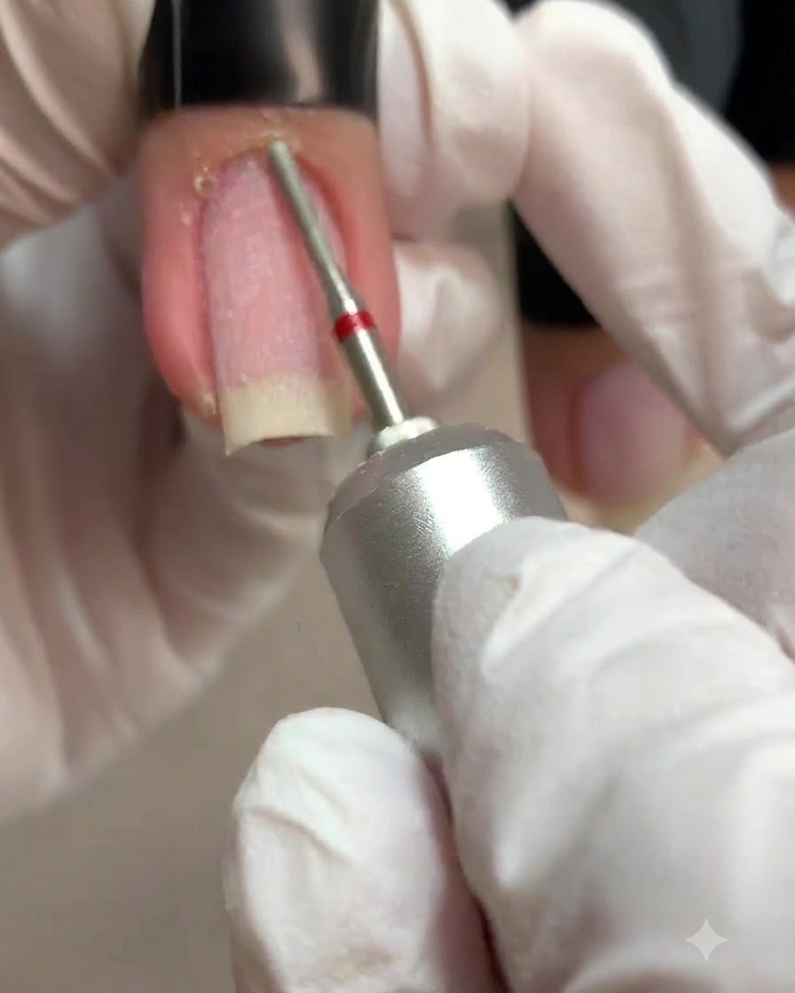 A gloved hand using an e-file with a thin micro bit to gently buff away dry skin on the lateral folds next to a bare natural fingernail.