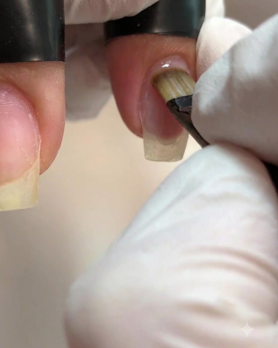 A nail brush applying clear base gel onto a natural nail plate.