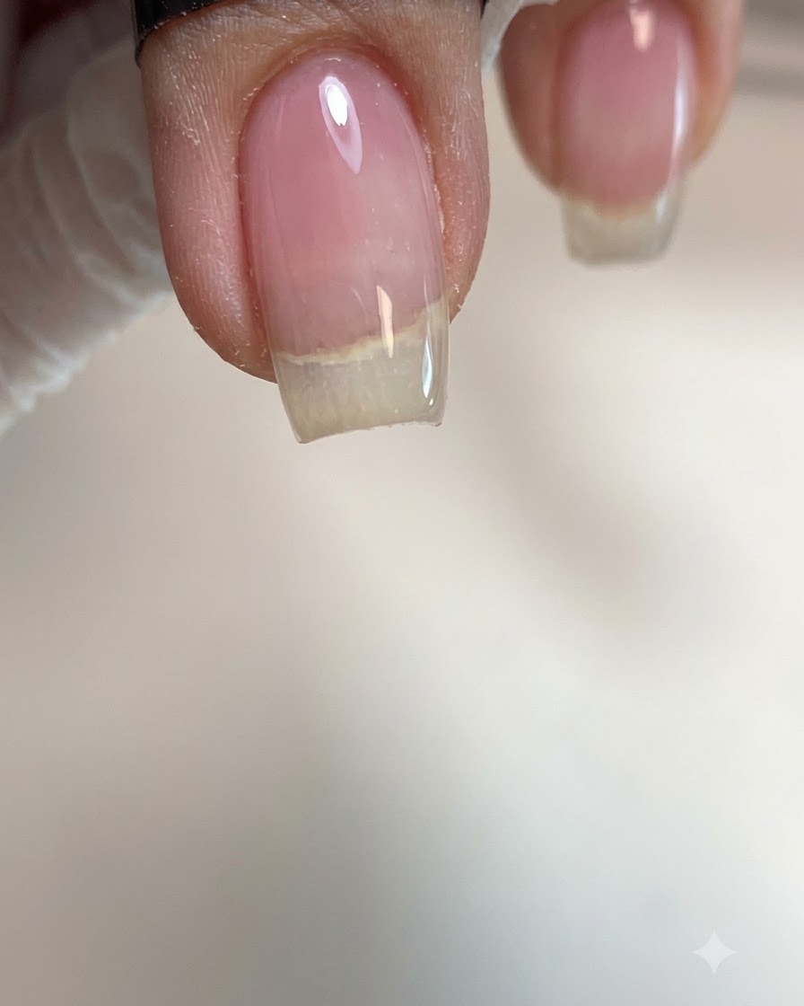 A close-up of a nail showing a thick bead of clear builder gel applied to the center.