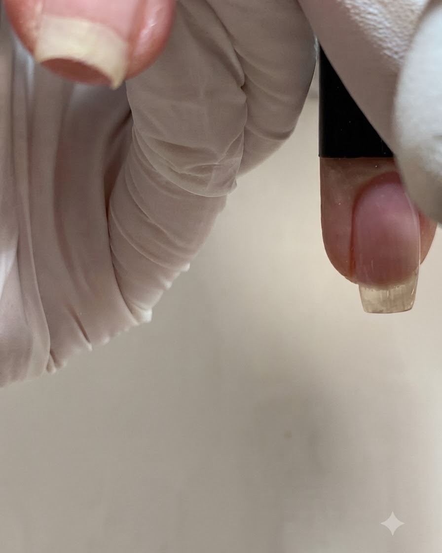 A gloved hand holding a finger steady under a curing lamp.