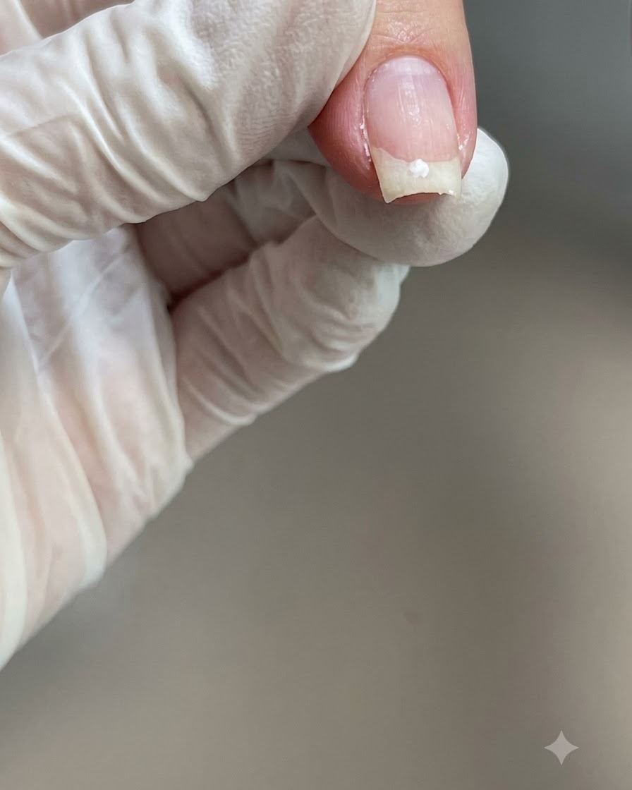 A gloved finger holding a lint-free pad with cleanser residue on a cured nail.