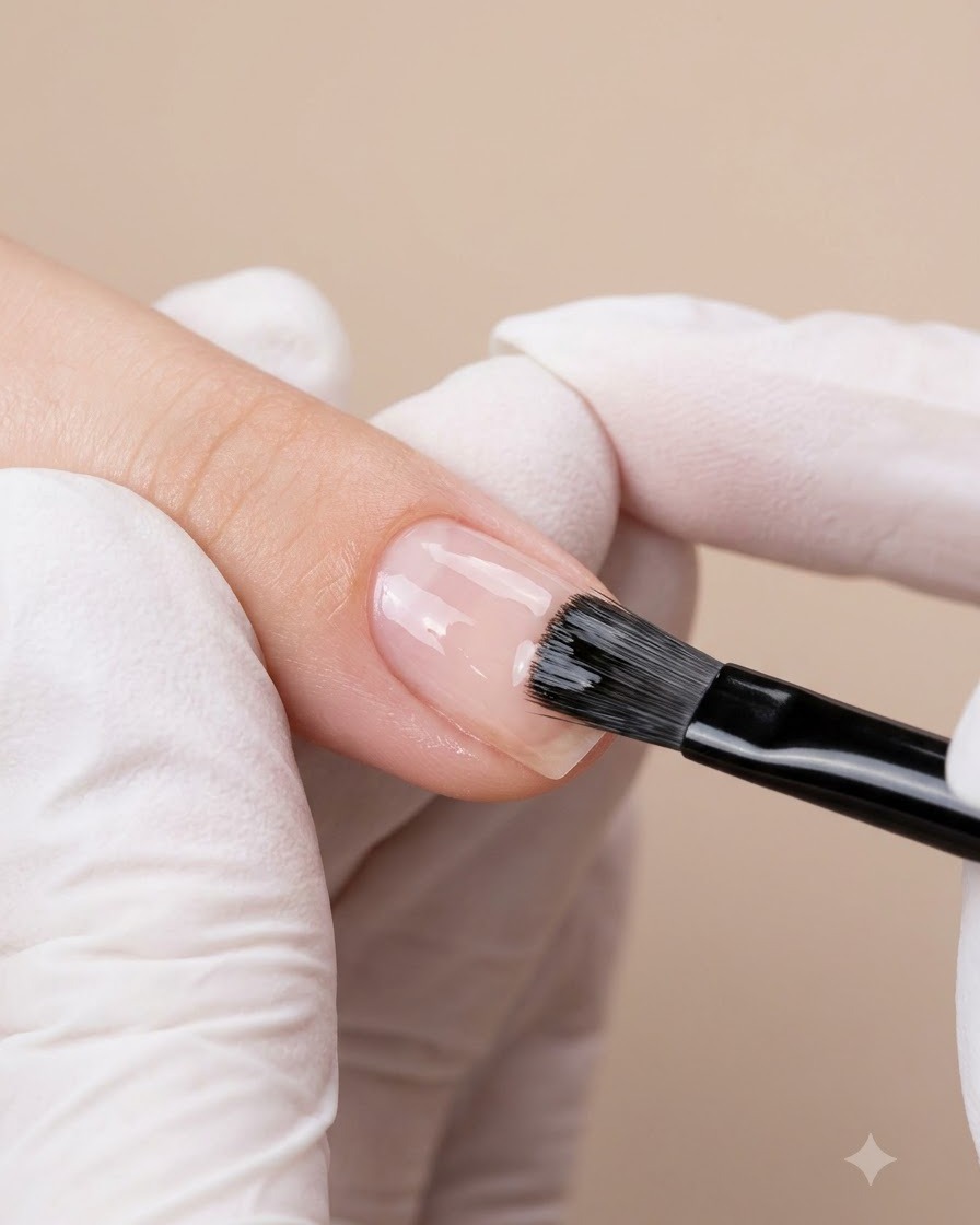 A nail brush spreading nude pink gel across the sidewalls of a fingernail.
