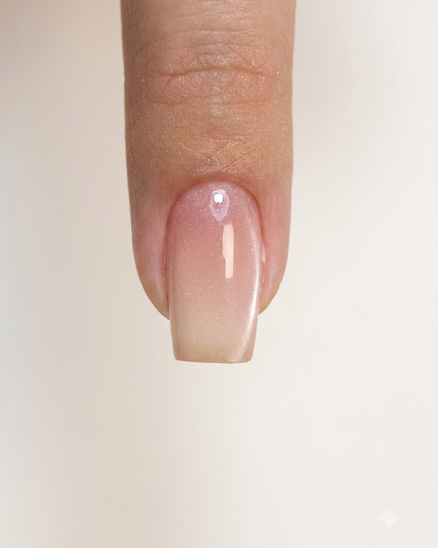 A single fingernail with a cured sheer nude pink gradient polish finish.