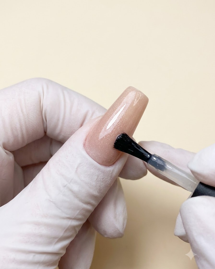 A brush applying silver magnetic cat-eye gel polish over a nude base on a nail extension.