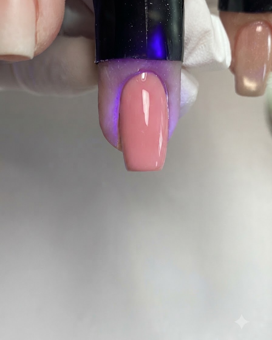 A brush applying an even layer of pink cat-eye gel onto a square-shaped nail under salon lighting.