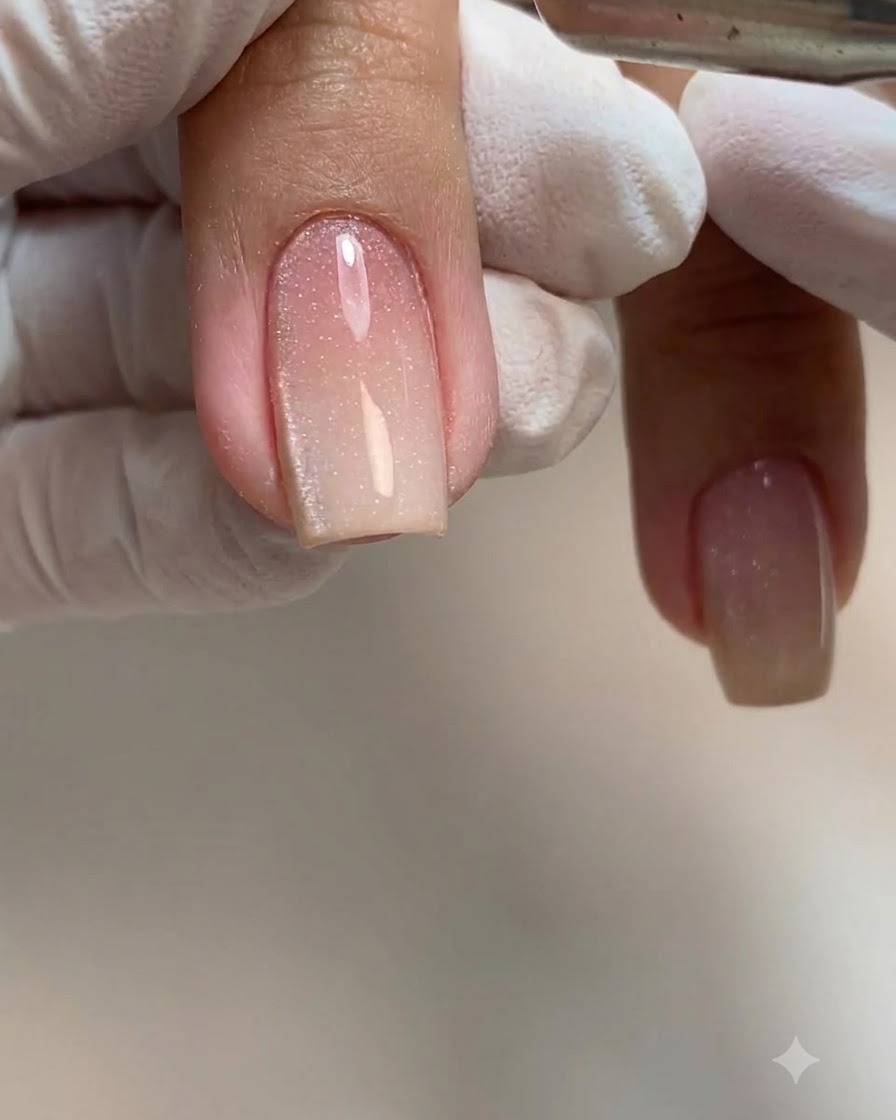 A fine liner brush carefully adjusting wet gel polish near the cuticle of a manicured finger.