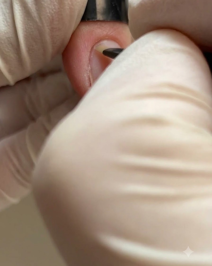 A small cylindrical magnet held vertically near the edge of a cat-eye gel nail to move the shimmer.