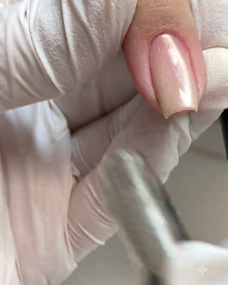 A hand adjusting a tool near a shimmering cat-eye gel nail to perfect the light reflection.