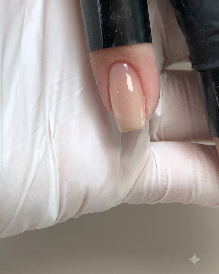 A close-up view of a finger with a finished glossy nude gel nail being placed under a pink UV/LED curing lamp.