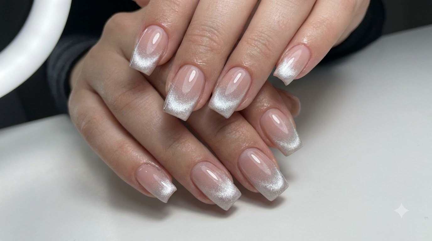 Nude Pink with Silver Gradient Cat-Eye Nails — Step-by-Step Tutorial