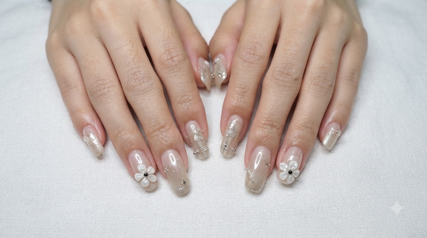 Pearl White Milky Gradient and Pearl Accents Nail Art Tutorial