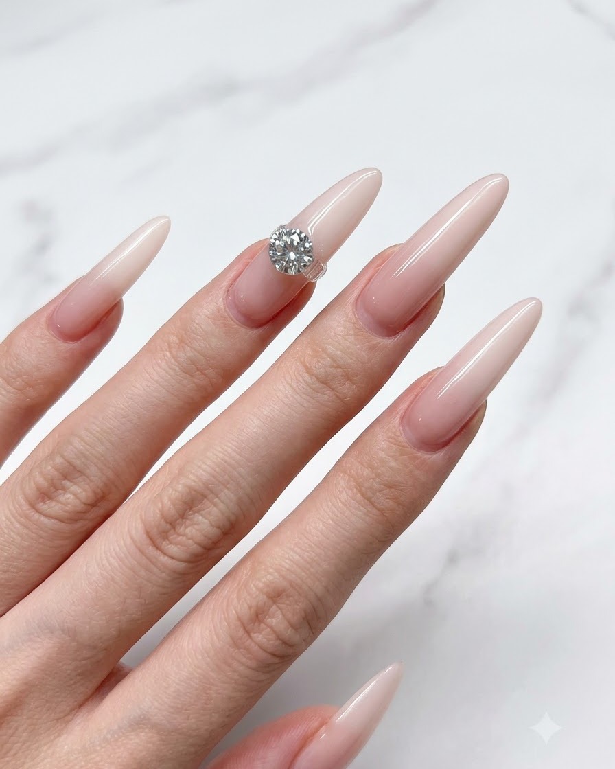 A nail brush applying a thin layer of translucent nude base coat onto a long stiletto nail.