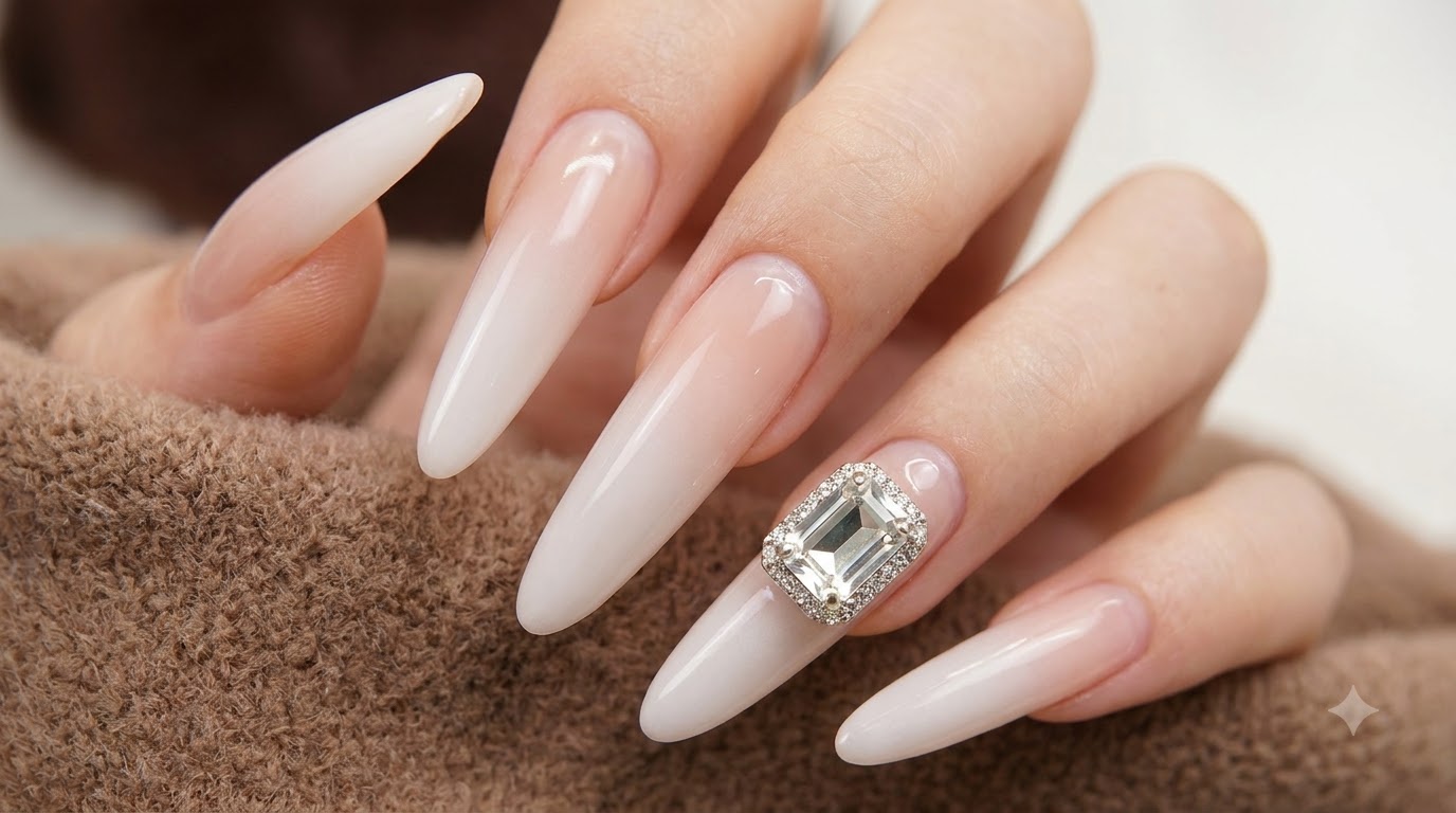 Milky White Ombre Nails with Rhinestones — Step-by-Step Tutorial