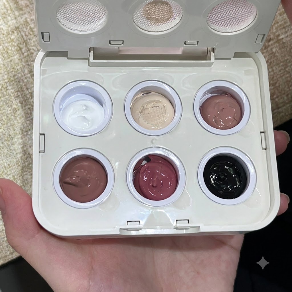 A person holding an open palette of six solid gel colors, including white, pink, red, and black.