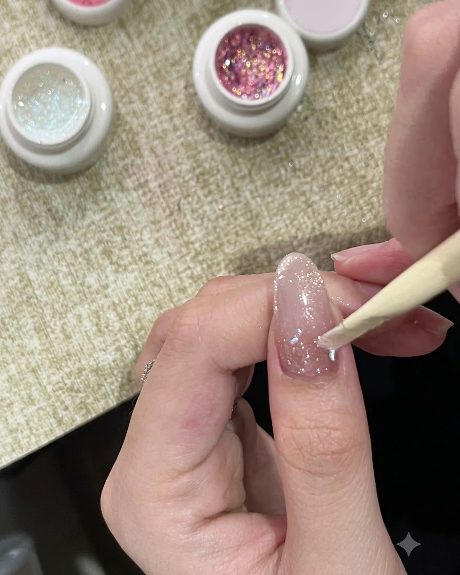 A wooden cuticle stick placing chunky, iridescent sparkling bubble gel near the cuticle area of a painted nail.