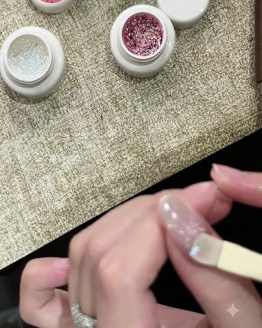 A hand curing the white sparkling bubble gel layer under a nail lamp.