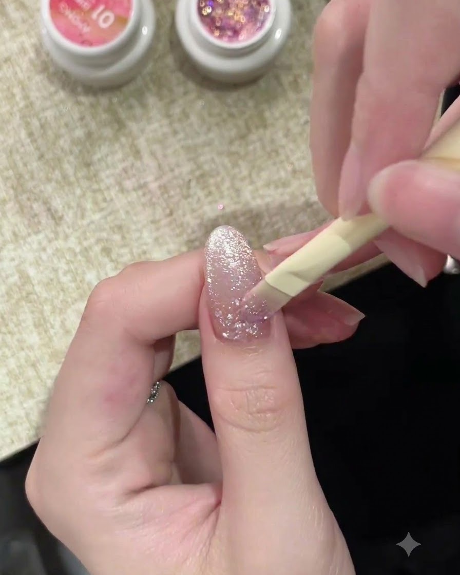 A nail brush delicately applying a translucent pink gel over the textured bubble nail base.
