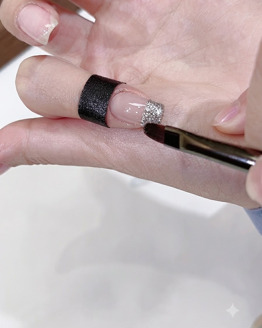 A flat nail brush applying silver glitter gel to the tip of a nude fingernail.