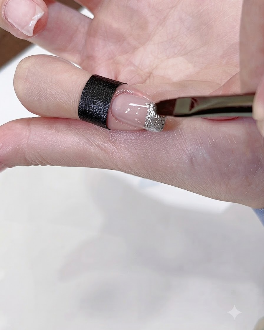 A close-up view of selecting small rhinestones and crystals from a storage compartment.