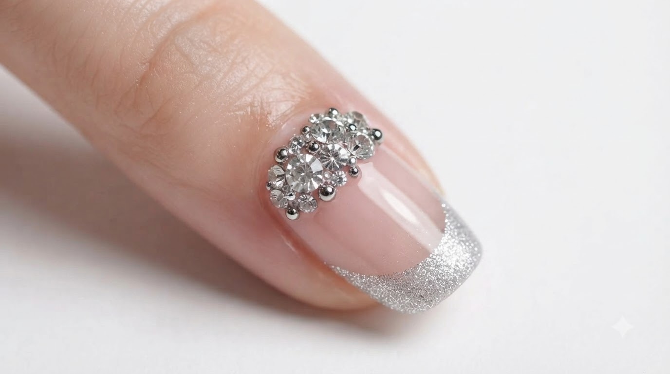 Silver Glitter French Tip with Rhinestone Accent — Step-by-Step Tutorial