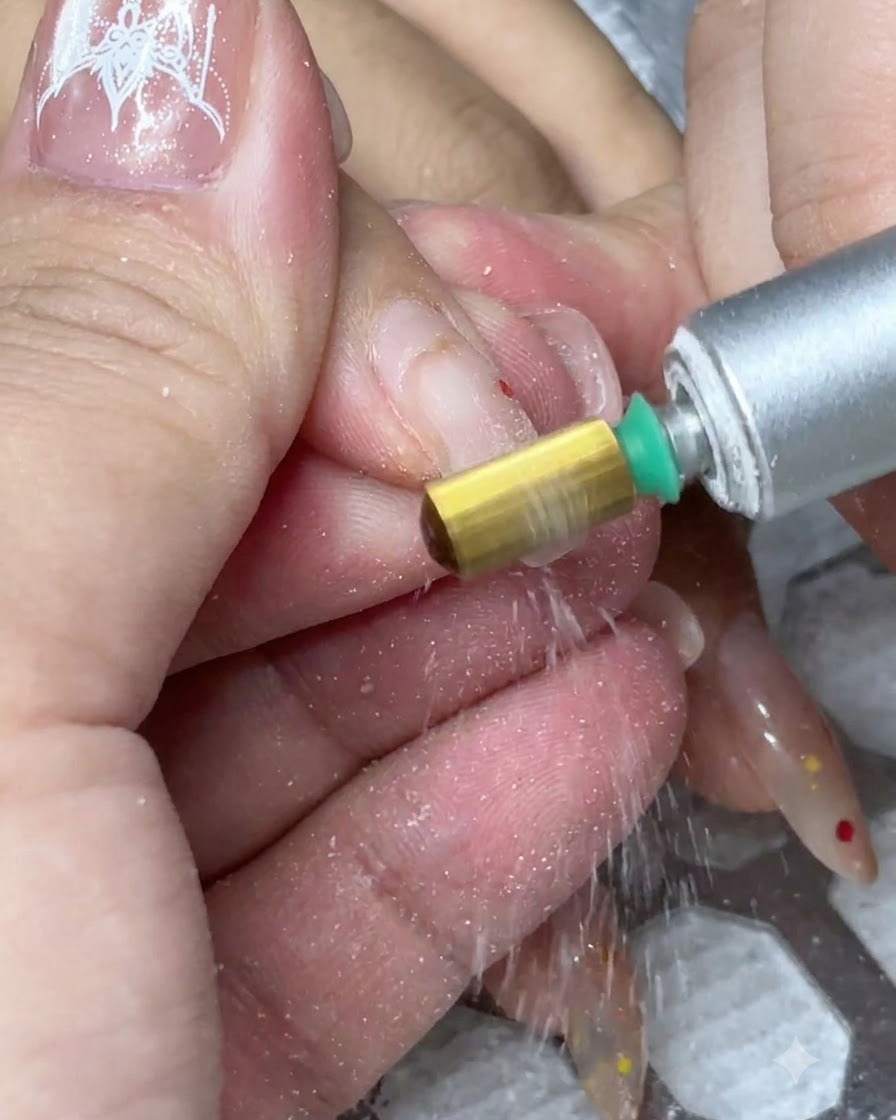 An electric nail file with a gold carbide bit removing old gel product from a natural nail.