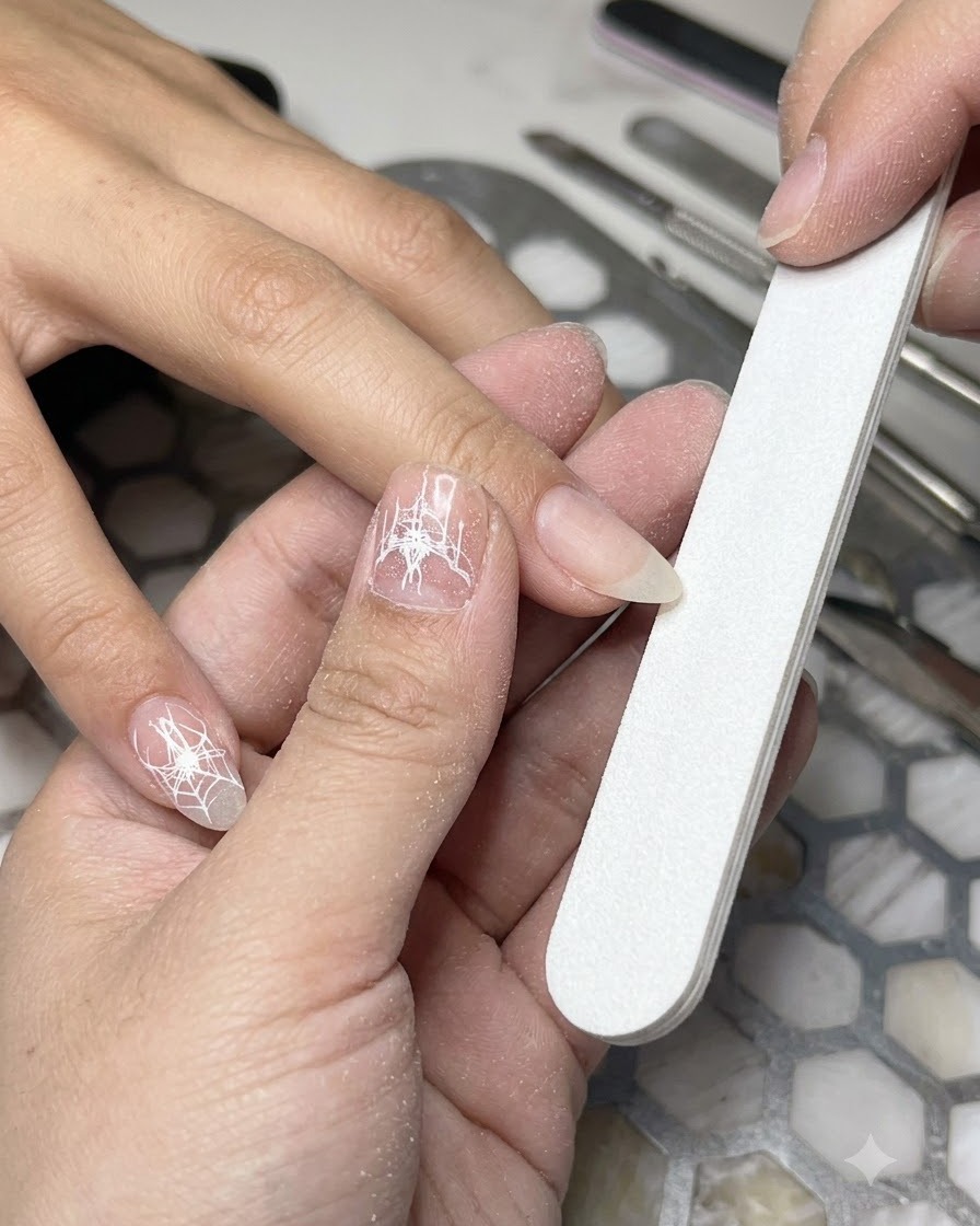 A hand holding a nail file shaping the free edge of a natural fingernail into a soft almond shape.