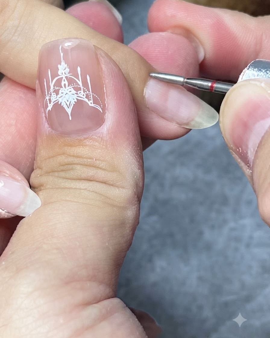 An electric nail drill with a small diamond bit cleaning the cuticle pocket of a fingernail.