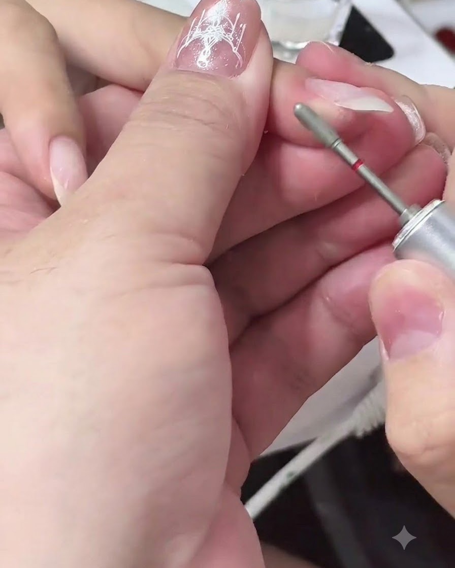 A brush applying clear building gel onto a prepped nail plate to establish structure.