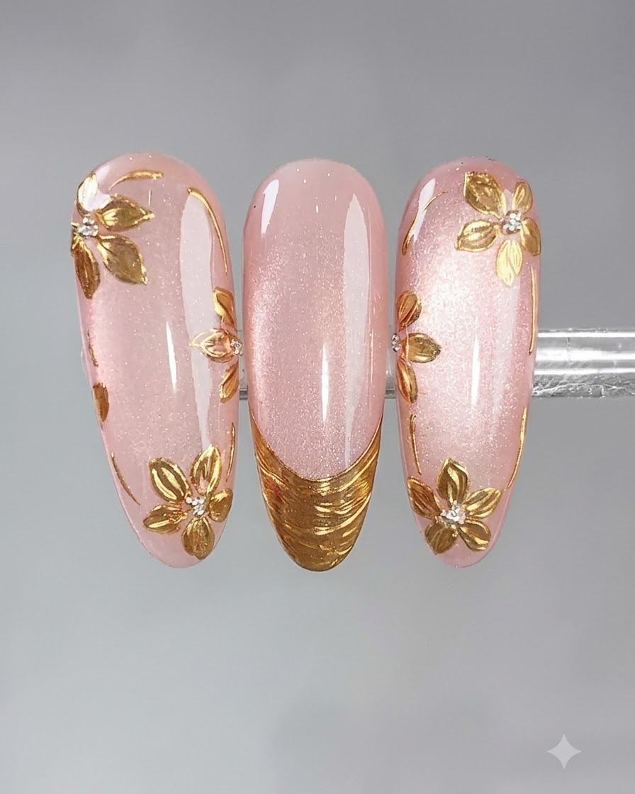 A nail art brush gliding a glossy top coat over decorated nails.