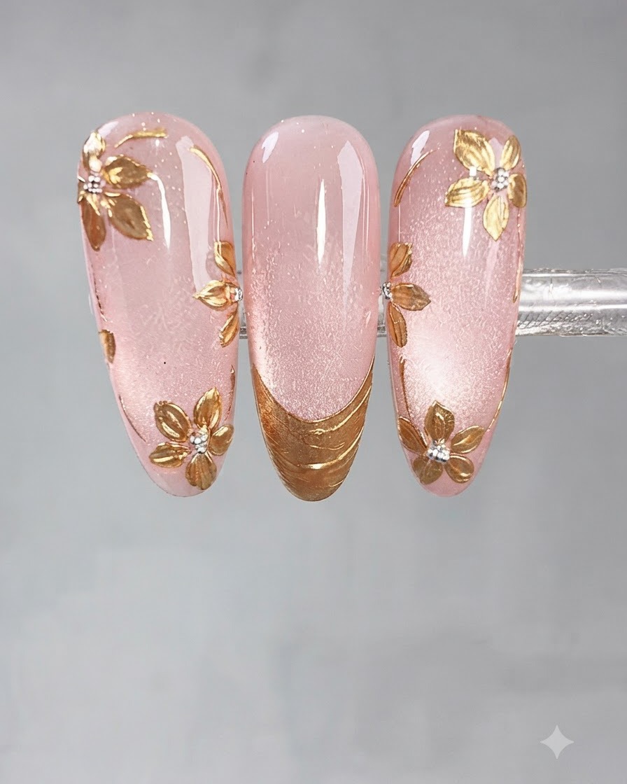 A dotting tool forming flower petals with clear sticky gel on a pink nail.