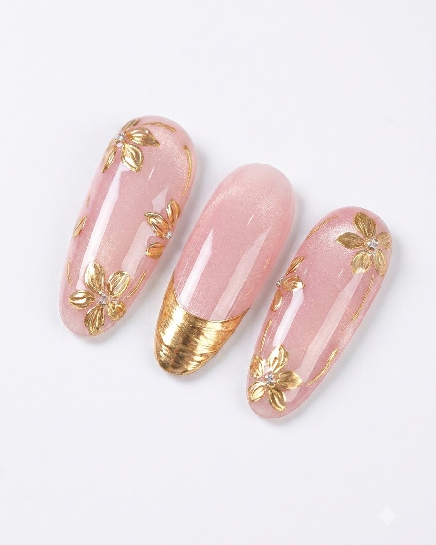 A nail showcasing multiple hand-drawn floral patterns and connecting vines made with sticky glue.