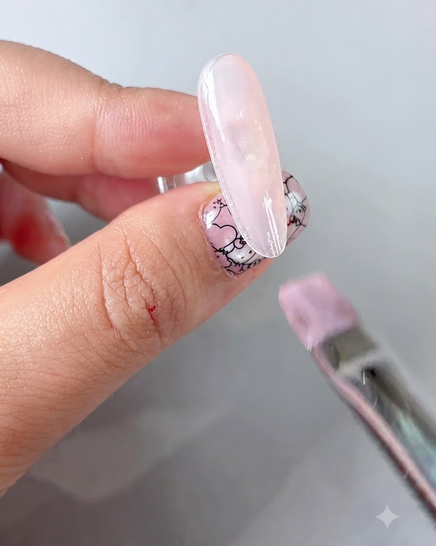 A sponge applicator rubbing gold powder onto a cured floral nail design.