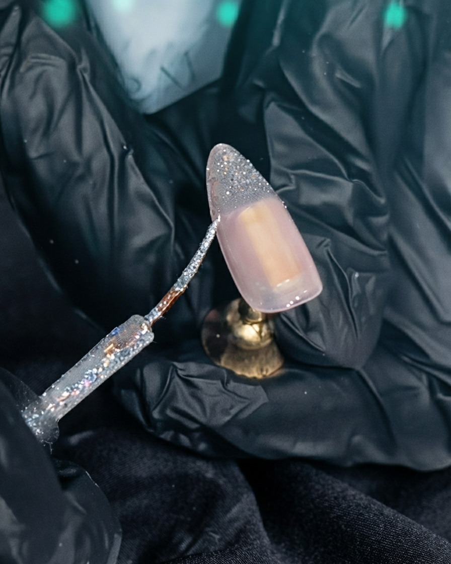 A brush filling in the lower portion of a French tip with sparkling silver gel.