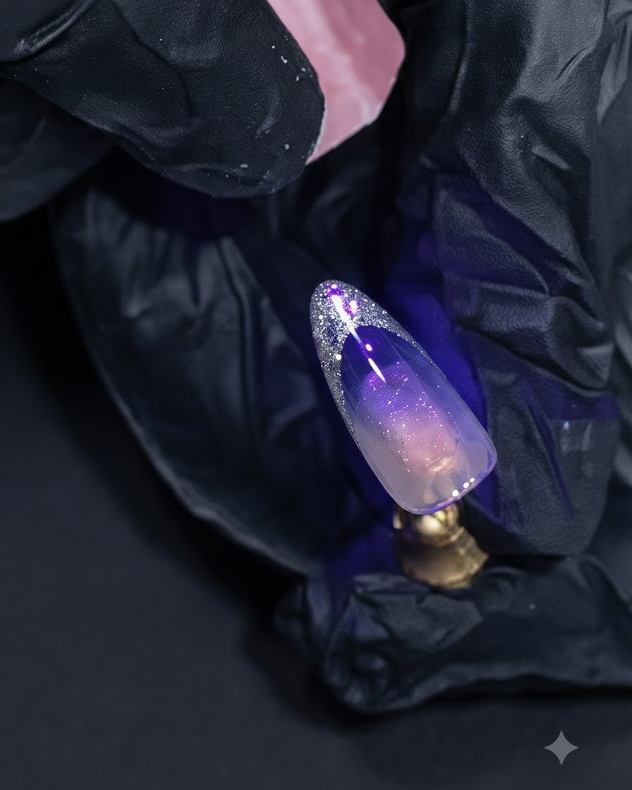 A nail curing under a purple UV light with the silver platinum French tip shining brightly.