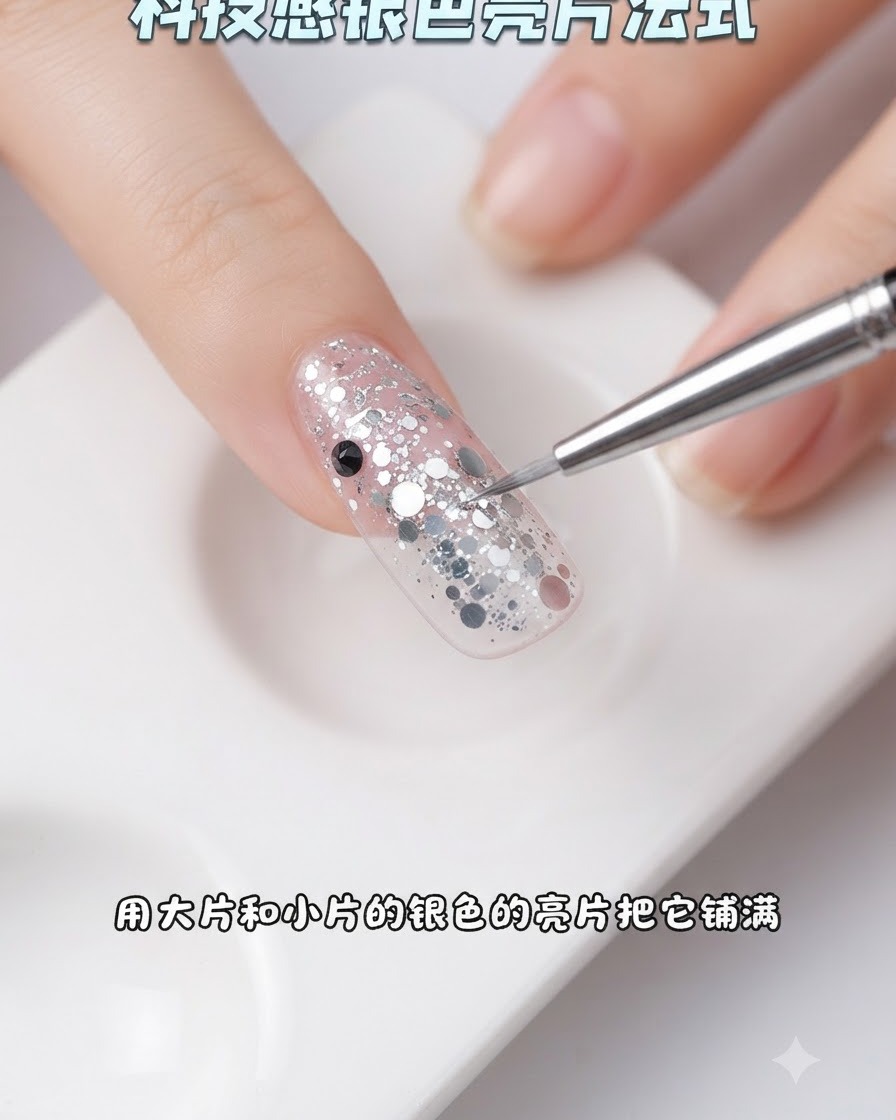 A fine nail brush adjusting small and large silver glitter pieces on a nail French tip.