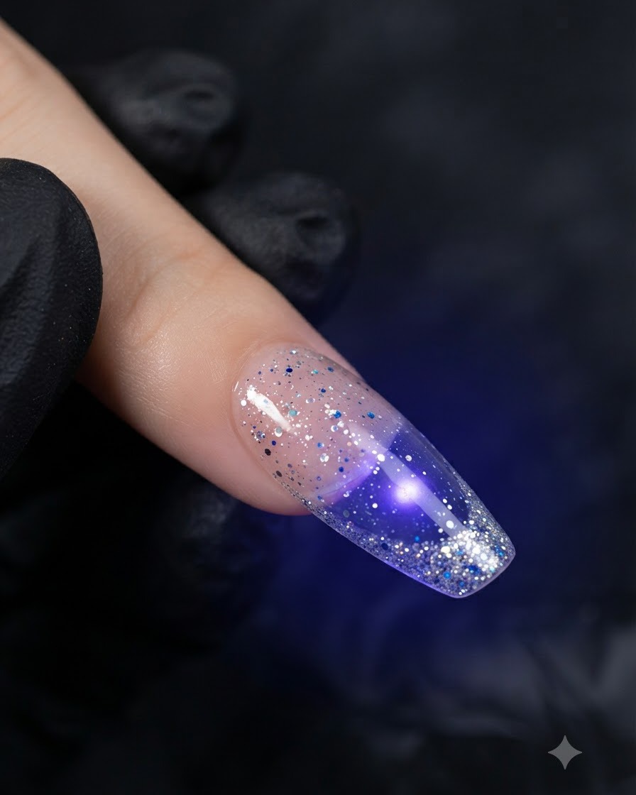 A close-up of a fingernail with silver glitter under a purple UV/LED lamp glow during the curing process.