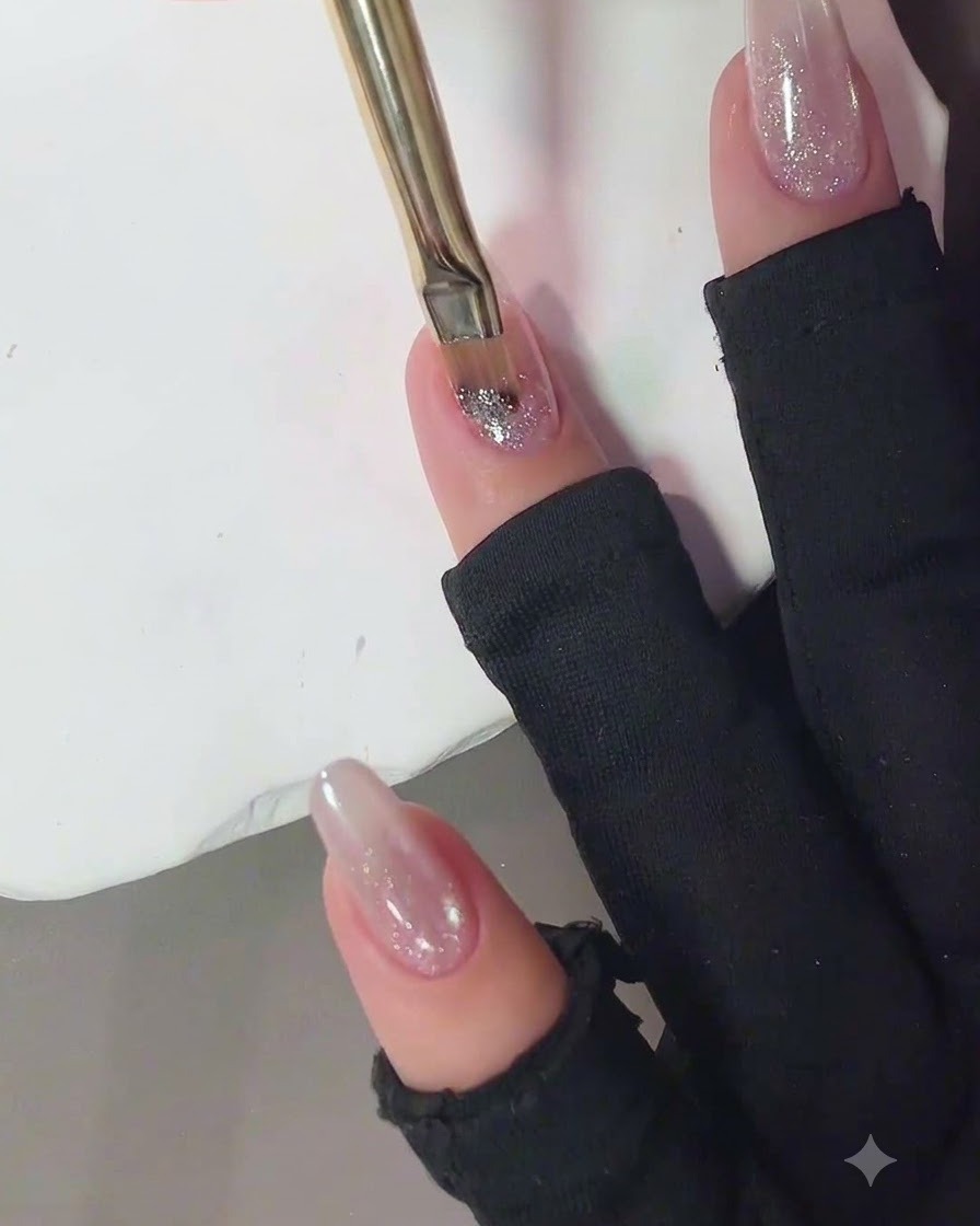 A nail brush applying sparkly pink crushed diamond gel onto the upper portion of a fingernail.