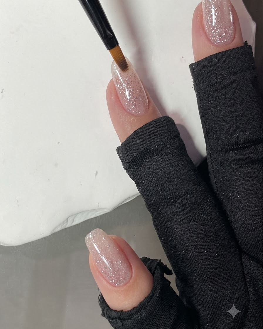 A fan brush softly blending the glitter particles of the pink crushed diamond gel on a nail.