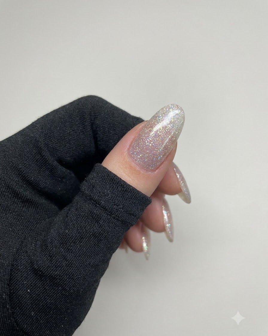 A hand showing fully cured sparkling pink crushed diamond glitter nails under studio lighting.
