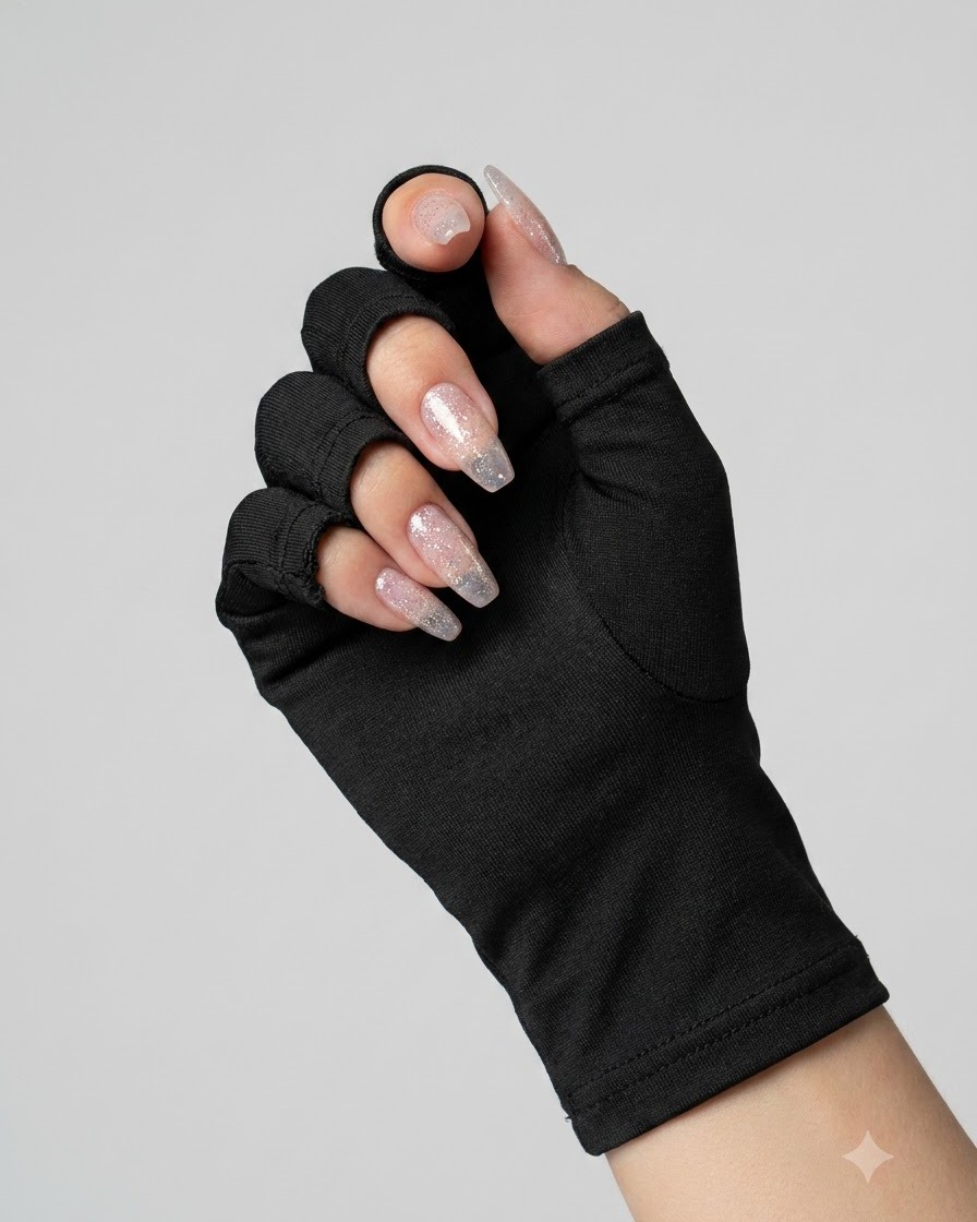 A hand wearing black fingerless gloves showing nails coated with clear reinforcement gel.