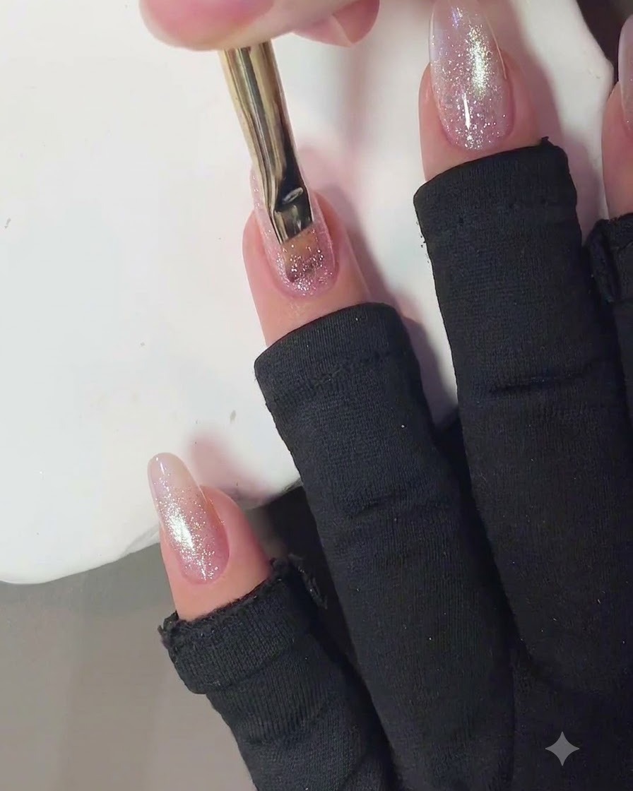 A nail brush applying a coat of pink cat eye gel onto a manicured fingernail.