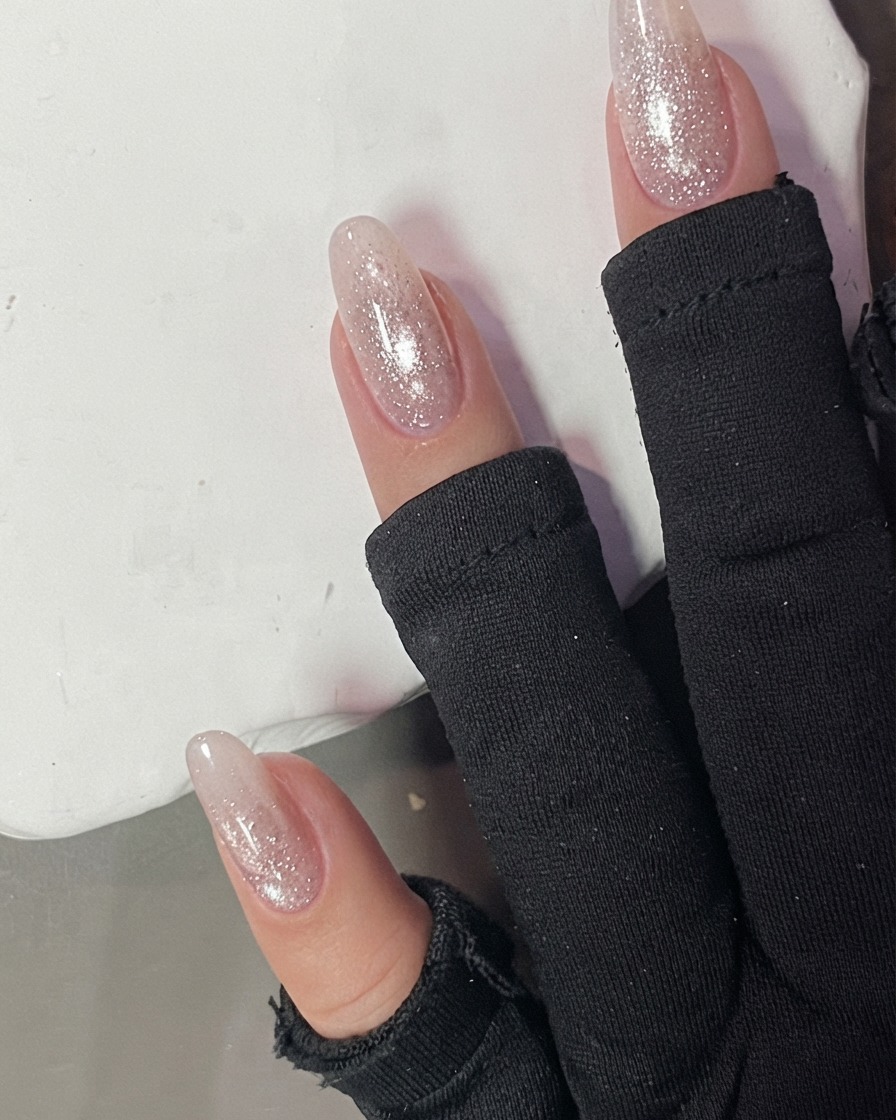 Fingers with pink cat-eye gel placed inside a curing lamp under bright light.